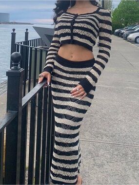 Striped Black and Cream Knit Maxi Skirt